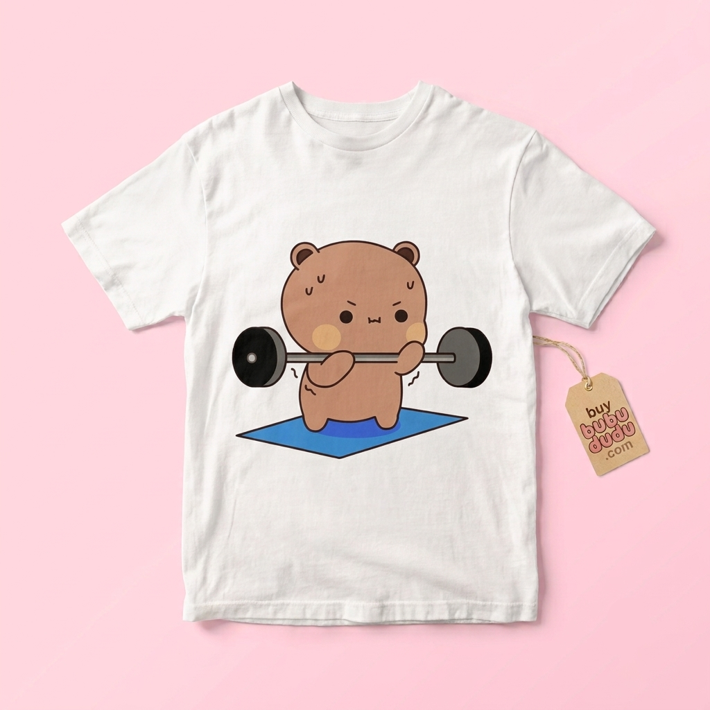 A white short-sleeve t-shirt with a cartoon graphic of a brown bear lifting a barbell on a blue mat, displayed on a light pink background with a paper hangtag attached.