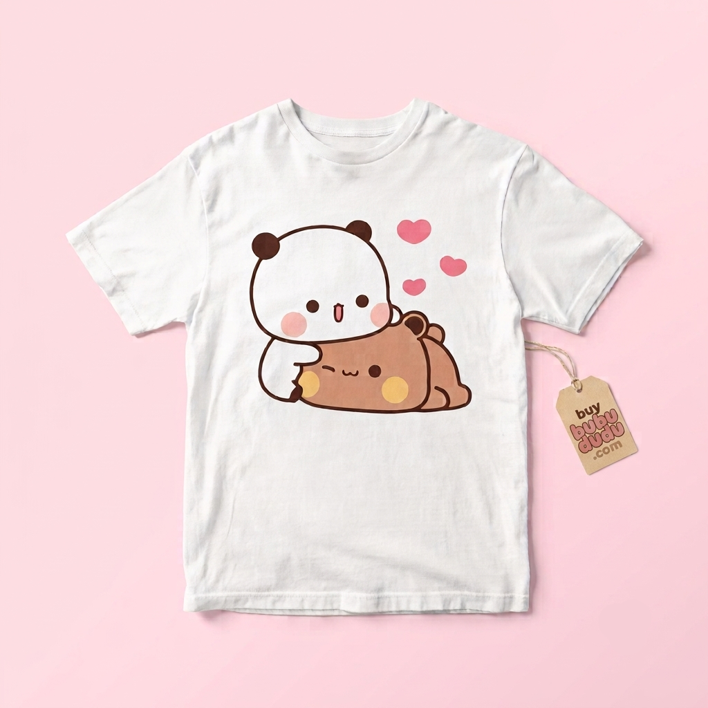 A white short-sleeve t-shirt with a cute cartoon graphic of a white bear hugging a brown bear, with pink hearts above. The shirt is laid flat on a light pink background with a paper hangtag attached to the right sleeve.