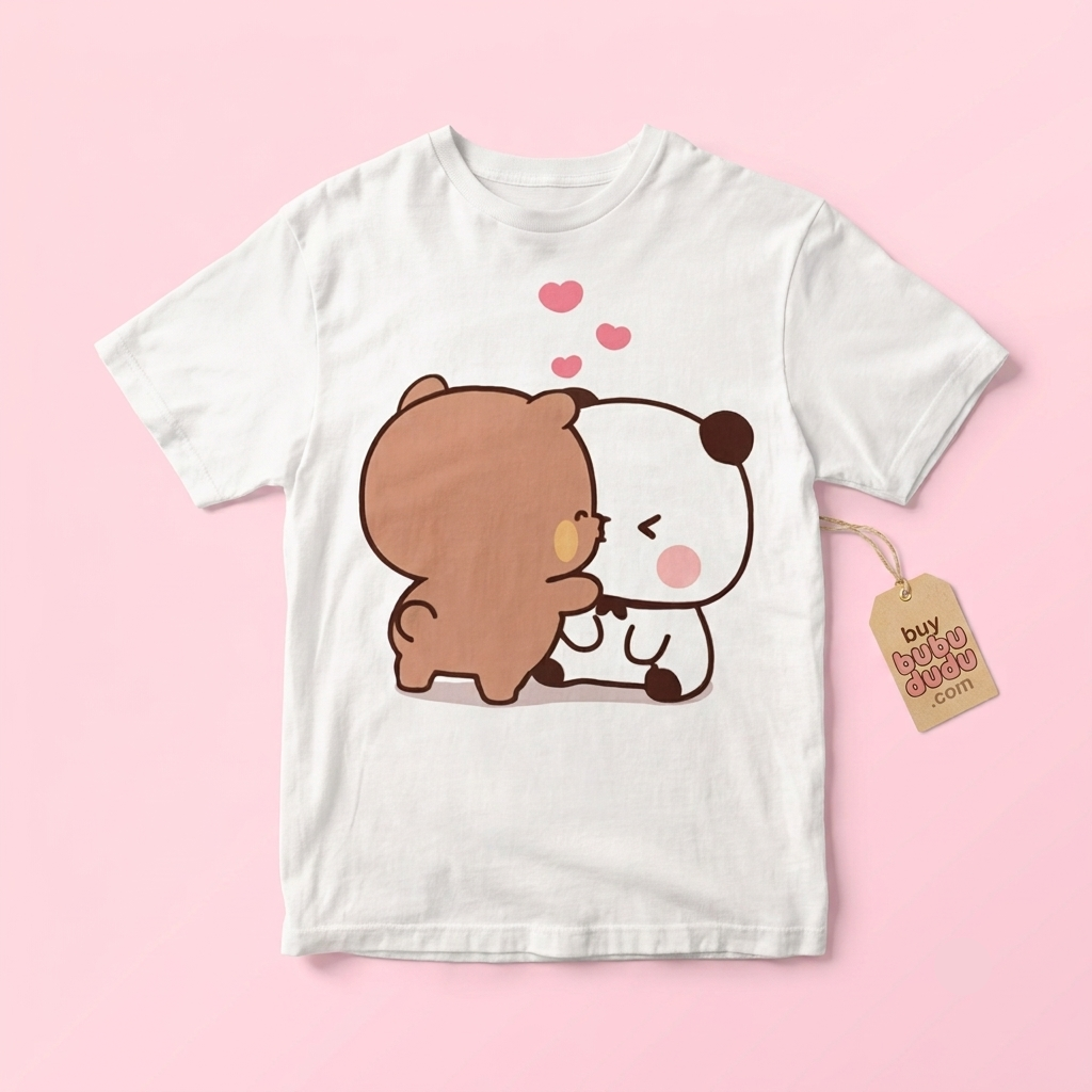 A white short-sleeve t-shirt with a cute cartoon graphic of a brown bear hugging a white panda under pink hearts, displayed on a solid pink background with a paper hangtag.