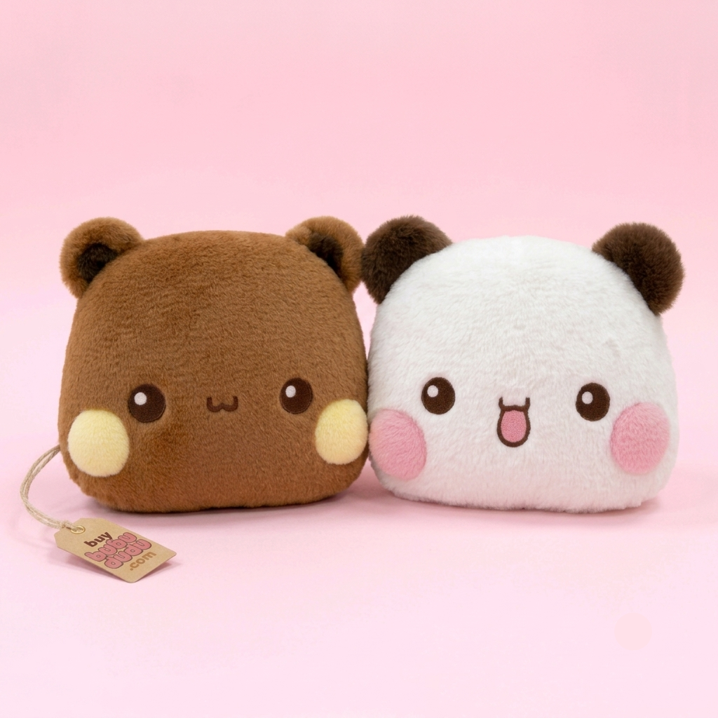 Two cute plush character pouches side by side on a solid pink background. The left pouch is brown with yellow cheeks and a simple winking face.