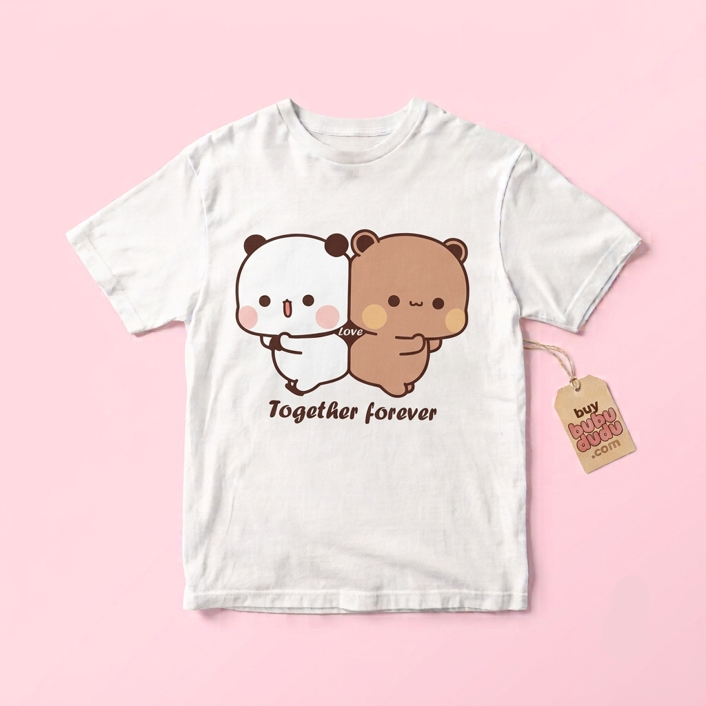 A white short-sleeve t-shirt with a cute cartoon graphic of a white bear and a brown bear hugging, with the text 'Together forever' printed below. A paper hangtag is attached to the right sleeve.