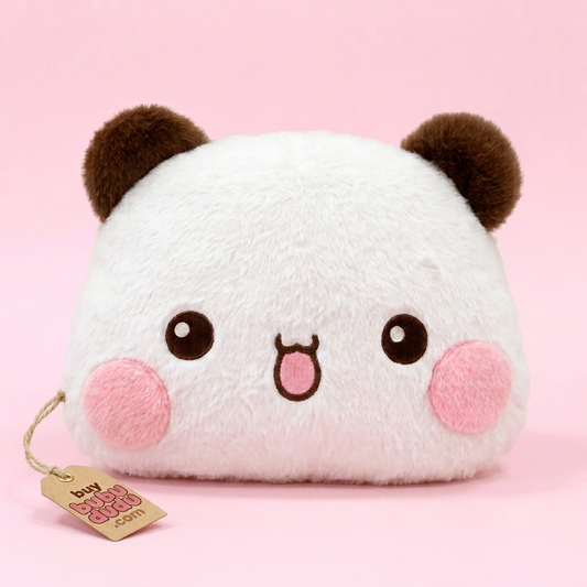 A cute white plush panda head pouch with brown ears, pink cheeks, and a small hanging tag that reads 'by loli bag co., inc.