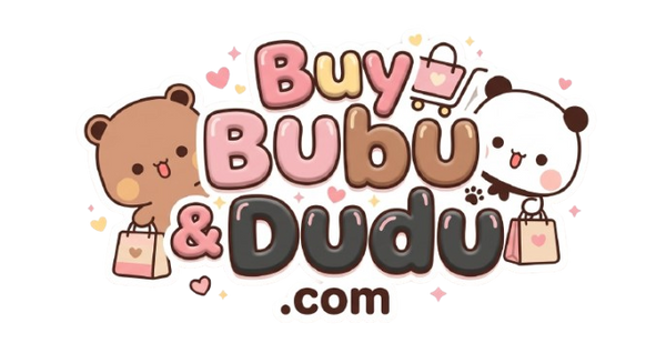 A cute cartoon logo reading 'Buy Bubu & Dudu .com' with a brown bear holding a shopping bag on the left and a white panda holding a shopping bag on the right, on a white background.